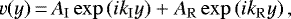 \begin{equation*} v(y)\,{=}\,A_{\mathrm{I}}\exp\left(ik_{\mathrm{I}}y\right)+A_{\mathrm{R}}\exp\left(ik_{\mathrm{R}}y\right),\end{equation*}