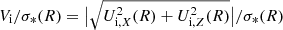$ V_{\mathrm{i}}/\sigma_{*}(R) = \vert \sqrt{U_{\mathrm{i},X}^2(R) + U_{\mathrm{i},Z}^2(R)}\vert /\sigma_{*}(R) $