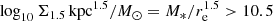$$ \begin{aligned} \log _{10}\Sigma _{1.5}\, {\mathrm{kpc}^{1.5}/M_{\odot }}= M_*/r_{\rm e}^{1.5}>10.5 \end{aligned} $$