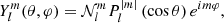 $$ \begin{aligned} Y_{l}^{m}(\theta ,\varphi ) = \mathcal{N} _{l}^{m}P_{l}^{|m|}\left(\cos \theta \right)e^{im\varphi }, \end{aligned} $$