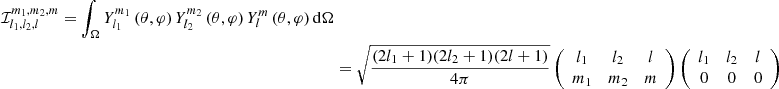 $$ \begin{aligned} {\mathcal{I} _{l_{1},l_{2},l}^{m_{1},m_{2},m}=\int _{\Omega }Y_{l_{1}}^{m_{1}}\left(\theta ,\varphi \right)Y_{l_{2}}^{m_{2}}\left(\theta ,\varphi \right)Y_{l}^{m}\left(\theta ,\varphi \right)\mathrm{d}\Omega }\nonumber \\&=\sqrt{\frac{(2l_{1}+1)(2l_{2}+1)(2l+1)}{4\pi }}\left(\begin{array}{ccc} l_{1}&l_{2}&l \\ m_{1}&m_{2}&m \end{array}\right) \left(\begin{array}{ccc} l_{1}&l_{2}&l\\ 0&0&0 \end{array}\right)\nonumber \\ \end{aligned} $$