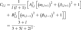 $$ \begin{aligned} C_{l,l}&= \frac{1}{l\left(l+1\right)}\left[A_{l,l}^{2}\left[\left(\alpha _{l,l+1}\right)^2+\left(\beta _{l,l+1}\right)^2+1\right]\right.\nonumber \\&+\left.B_{l,l}^{2}\left[\left(\alpha _{l,l-1}\right)^2+\left(\beta _{l,l-1}\right)^2+1\right]\right]\nonumber \\&= \frac{3+l}{3+5l+2l^2}. \end{aligned} $$