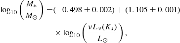 $$ \begin{aligned} \log _{10}\left(\frac{M_{*}}{{M}_{\odot }}\right) =&(-0.498 \pm 0.002)+(1.105 \pm 0.001) \nonumber \\&\times \log _{10}\left(\frac{\nu L_{\nu }(K_{s})}{{L}_{\odot }}\right), \end{aligned} $$