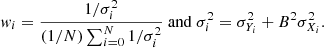 $$ \begin{aligned} { w}_i=\dfrac{1/\sigma _i^2}{(1/N)\sum _{i=0}^N1/\sigma _i^2}\ \mathrm{and} \ \sigma _i^2=\sigma _{Y_i}^2+B^2\sigma _{X_i}^2 .\end{aligned} $$