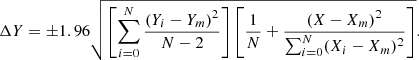$$ \begin{aligned} \Delta Y=\pm 1.96 \sqrt{\left[\sum _{i=0}^N\dfrac{(Y_i-Y_m)^2}{N-2}\right]\left[\dfrac{1}{N}+\dfrac{(X-X_m)^2}{\sum\nolimits_{i=0}^N(X_i-X_m)^2}\right]} .\end{aligned} $$
