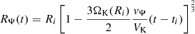$$ \begin{aligned} R_\Psi (t) = R_i\left[1- \frac{3\Omega _{\rm K}(R_i)}{2}\frac{{ v}_\Psi }{V_{\rm K}}(t-t_i)\right]^{\frac{2}{3}} \end{aligned} $$