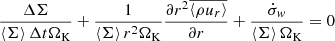 $$ \begin{aligned} \frac{\Delta \Sigma }{\left\langle \Sigma \right\rangle \Delta t\Omega _{\rm K}}+ \frac{1}{\left\langle \Sigma \right\rangle r^2\Omega _{\rm K}}\frac{\partial r^2\overline{\left\langle \rho u_r \right\rangle }}{\partial r} +\frac{\dot{\sigma }_{ w}}{\left\langle \Sigma \right\rangle \Omega _{\rm K}}=0 \end{aligned} $$