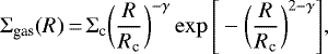 \begin{equation*}\Sigma_{\textrm{gas}}(R)\,{=}\,\Sigma_{\textrm{c}}\bigg(\frac{R}{R_{\textrm{c}}}\bigg)^{-\gamma}\exp \Bigg[-\bigg(\frac{R}{R_{\textrm{c}}}\bigg)^{2-\gamma}\Bigg], \end{equation*}