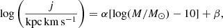 $$ \begin{aligned} \log \left(\dfrac{j}{\mathrm{kpc\,km\,s^{-1}}}\right) = \alpha [\log (M/M_\odot )-10] + \beta , \end{aligned} $$