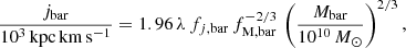 $$ \begin{aligned} \dfrac{j_{\rm bar}}{10^3\,\mathrm{kpc\,km\,s^{-1}}} = 1.96\,{\lambda }\,f_{j,\mathrm{bar}}\,f_{\rm M,bar}^{-2/3}\,\left(\dfrac{M_{\rm bar}}{10^{10}\,M_\odot }\right)^{2/3}, \end{aligned} $$