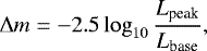 \begin{equation*} \Delta m = - 2.5 \log_{10} {L_{\textrm{peak}} \over L_{\textrm{base}}}, \end{equation*}