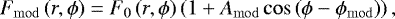 \begin{equation*}F_{\mathrm{mod}}\left(r,\phi\right) = F_0\left(r,\phi\right) \left(1 + A_{\mathrm{mod}} \cos\left(\phi - \phi_{\mathrm{mod}}\right) \right), \end{equation*}