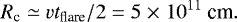 \begin{equation*} R_{\textrm{c}} \simeq v t_{\textrm{flare}}/2 = 5\;{\times}\;10^{11}~\textrm{cm}. \end{equation*}