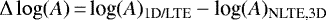 $\Delta\log({A}) \,{=}\, \textrm{log}({A})_{\textrm{1D/LTE}} - \textrm{log}({A})_{\textrm{NLTE,3D}}$