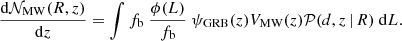 $$ \begin{aligned} \frac{\mathrm{d} \mathcal{N} _{\rm MW}(R,z)}{\mathrm{d} z} = \int f_{\rm b} \ \frac{\phi (L)}{f_{\rm b}} \ \psi _{\rm GRB}(z) V_{\rm MW} (z) \mathcal{P} (d, z\,|\,R) \ \mathrm{d}L. \end{aligned} $$