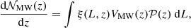 $$ \begin{aligned} \frac{\mathrm{d} \mathcal{N} _{\rm MW}(z)}{\mathrm{d}z} = \int \xi (L,z) V_{\rm MW} (z) \mathcal{P} (z) \ \mathrm{d}L, \end{aligned} $$
