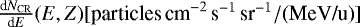 $ \frac{\textrm{d}N_{\textrm{CR}}}{\textrm{d}E}(E,Z) [\textrm{particles\,cm}^{-2}\,\textrm{s}^{-1}\,\textrm{sr}^{-1}/\textrm{(MeV/u)}]$