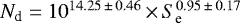 $N_{\textrm{d}}= 10^{14.25\,{\pm}\,0.46}\,{\times}\, S_{\textrm{e}}^{0.95\,{\pm}\,0.17}$