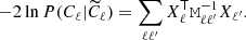 $$ \begin{aligned} -2\ln P(C_\ell |\widetilde{C}_\ell )=\sum _{\ell \ell ^{\prime }} X^\mathsf{T}_\ell \mathtt M ^{-1}_{\ell \ell ^{\prime }} X_{\ell ^{\prime }}. \end{aligned} $$