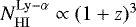 $N_{\mathrm{HI}}^{\textrm{Ly}-\alpha} \propto (1+z)^{3}$