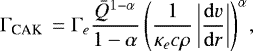 \begin{equation*}\Gamma_{\textrm{CAK }} = \Gamma_e \frac{\bar Q ^{1-\alpha}}{1-\alpha}\left(\frac{1}{\kappa_e c \rho} \left|\frac{\mathrm{d} v}{\mathrm{d} r}\right|\right)^{\alpha}{\kern-1pt}, \end{equation*}