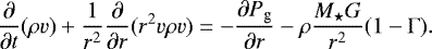 \begin{equation*}\frac{{\partial}}{{\partial} t}(\rho v) + \frac{1}{r^2}\frac{{\partial}}{{\partial} r}(r^2v\rho v) = -\frac{{\partial} P_{\textrm{g}}}{{\partial} r} -\rho\frac{M_{\star} G}{r^2}(1 - \Gamma). \end{equation*}