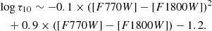$$ \begin{aligned}&\log \tau _{10} \sim -0.1\times ([F770W]-[F1800W])^2\nonumber \\&\quad + 0.9\times ([F770W]-[F1800W]) -1.2. \end{aligned} $$