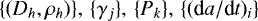 $\{ (D_h, \rho_h) \}, \, \{ \gamma_j \}, \, \{ P_k \}, \, \{ (\textrm{d}a/\textrm{d}t)_i \}$