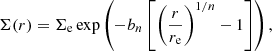 $$ \begin{aligned} \Sigma (r) = \Sigma _{\rm e} \exp \left(-b_n\left[\left(\frac{r}{r_{\rm e}}\right)^{1/n}-1\right]\right), \end{aligned} $$