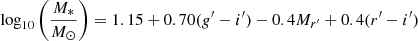 $$ \begin{aligned} \log _{10}\left( \frac{M_*}{M_{\odot }} \right) = 1.15+0.70({g}^\prime -i^\prime )-0.4M_{r^\prime }+0.4(r^\prime -i^\prime ) \end{aligned} $$