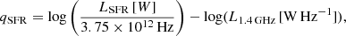 $$ \begin{aligned} q_{\rm SFR} = \log \Bigg (\frac{L_{\rm SFR}\,[W]}{3.75\times 10^{12}\,\mathrm{Hz}} \Bigg ) - \log (L_{\rm 1.4\,GHz}\,\mathrm{[W\,Hz^{-1}]}), \end{aligned} $$