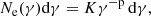 $$ \begin{aligned} N_{\rm e} (\gamma ) \mathrm{d} \gamma = K \gamma ^{-\mathrm{p}}\,\mathrm{d}\gamma , \end{aligned} $$