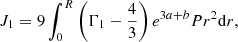 $$ \begin{aligned} J_1&=9\int _0^R\left(\Gamma _1-{4\over 3}\right)e^{3a+b}Pr^2{{\mathrm{d} }r}, \end{aligned} $$