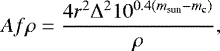 \begin{equation*} Af\rho = \frac{4r^{2}\Delta^{2}10^{0.4(m_{\textrm{sun}}-m_{\textrm{c}})}}{\rho}, \end{equation*}