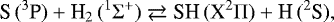 \begin{equation*}\textrm{S}\,({{^3\textrm{P}}}) + \textrm{H}_2\,(^1\Sigma^+) \rightleftarrows {\textrm{SH}}\,(\textrm{X}^2\Pi) + \textrm{H}\,({{^2\textrm{S}}}), \end{equation*}