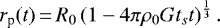 \begin{equation*} r_{\textrm{p}}(t)\,{=}\,R_0\left (1 - 4\pi \rho_{0} G t_s t\right)^{\frac{1}{3}}.\end{equation*}