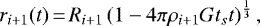 \begin{equation*} r_{i + 1}(t)\,{=}\,R_{i + 1}\left (1 - 4\pi \rho_{i + 1} G t_s t \right)^{\frac{1}{3}}, \end{equation*}