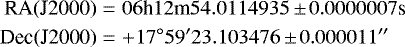 \begin{eqnarray*} \mbox{RA(J2000)} &=& 06\mbox{h}12\mbox{m}54.0114935\,{\pm}\, 0.0000007\mbox{s}\nonumber \\ \mbox{Dec(J2000)} &=& +17^{\circ}59^{\prime}23.103476\,{\pm}\, 0.000011^{\prime\prime}\nonumber \end{eqnarray*}