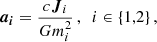 $$ \begin{aligned} \boldsymbol{a_i} = \frac{c \boldsymbol{J}_i}{G m_i^2} \, , \, \, \, i \in \{1,2\} \, , \end{aligned} $$