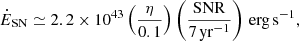 $$ \begin{aligned} \dot{E}_{\rm SN} \simeq 2.2 \times 10^{43} \left(\frac{\eta }{0.1}\right) \left(\frac{\mathrm{SNR}}{7\,\mathrm{yr}^{-1}}\right) \,\mathrm{erg\,s}^{-1}, \end{aligned} $$