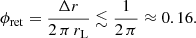 $$ \begin{aligned} \phi _{\rm ret} = \frac{\Delta r}{2\,\pi \,r_{\rm L}} \lesssim \frac{1}{2\,\pi } \approx 0.16 . \end{aligned} $$