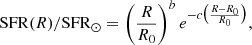 $$ \begin{aligned} \mathrm{SFR}(R)/\mathrm{SFR}_\odot = \bigg (\frac{R}{R_0}\bigg )^{b}\, e^{-c\big (\frac{R-R_0}{R_0}\big )}, \end{aligned} $$
