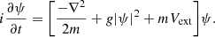 $$ \begin{aligned} i\frac{\partial \psi }{\partial t} = \Bigg [\frac{-\nabla ^2}{2m} + g|\psi |^2 + mV_{\mathrm{ext} }\Bigg ]\psi . \end{aligned} $$