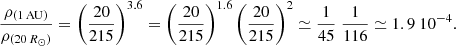 $$ \begin{aligned} \frac{\rho _{(1\,\mathrm{AU})}}{\rho _{(20\,R_\odot )}} =\left( \frac{20}{215} \right)^{3.6} =\left( \frac{20}{215} \right)^{1.6} \left( \frac{20}{215} \right)^2 \simeq \frac{1}{45} \; \frac{1}{116} \simeq 1.9~10^{-4}. \end{aligned} $$