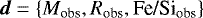 ${\bm d} = \left\lbrace M_{\textrm{obs}}, R_{\textrm{obs}}, {\textrm{Fe/Si}_{\textrm{obs}}} \right\rbrace$