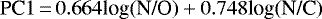 \begin{equation*} \textrm{PC1}\,{=}\,0.664 \textrm{log(N/O)} + 0.748 \textrm{log(N/C)} \end{equation*}