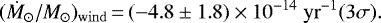 \begin{equation*} (\dot M_{\odot} /M_{\odot})_{\mathrm{wind}}\,{=}\,({-}4.8 \pm 1.8)\times 10^{-14}\; \mathrm{yr}^{-1} (3\sigma). \end{equation*}