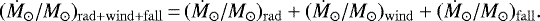 \begin{equation*} (\dot M_{\odot} /M_{\odot})_{\mathrm{rad}+\mathrm{wind}+\mathrm{fall}}\,{=}\,(\dot M_{\odot} /M_{\odot})_{\mathrm{rad}} + (\dot M_{\odot} /M_{\odot})_{\mathrm{wind}} + (\dot M_{\odot} /M_{\odot})_{\mathrm{fall}}. \end{equation*}