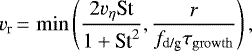 \begin{equation*}v_{\textrm{r}}\,{=}\,\min\left(\frac{2v_{\eta} {\textrm{St}}}{1+\textrm{St}^2}, \frac{r}{{{f}_{\textrm{d/g}}} \tau_{\rm{growth}}}\right), \end{equation*}