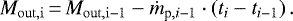 \begin{equation*} M_{\rm{out},i}\,{=}\,M_{\rm{out},i-1} - \dot{m}_{\textrm{p},i-1} \cdot \left(t_i-t_{i-1}\right). \end{equation*}